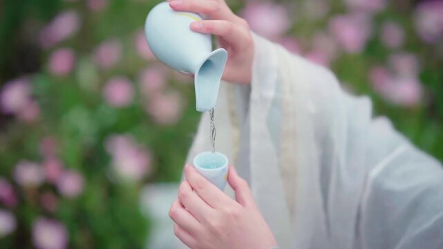 Traditional tea pouring in a blooming garden