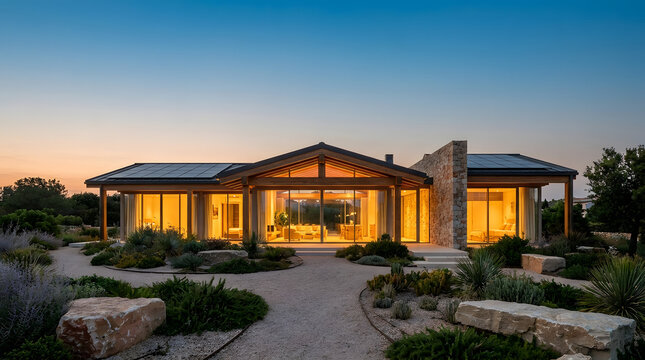 A stunning modern villa with large glass windows and a xeriscaped garden during the golden hour.