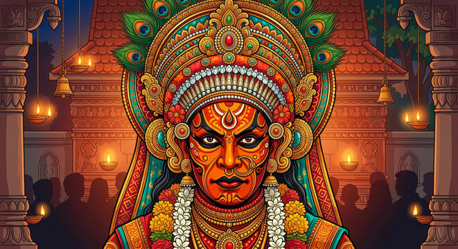 Theyyam performer, Theyyam dance, Kerala culture, Kerala folk art, ritual dance, Hindu ritual, North Kerala, Malabar culture, Kannur, Kasaragod, Kaliyattam, Thirayattam, sacred performance, goddess.
