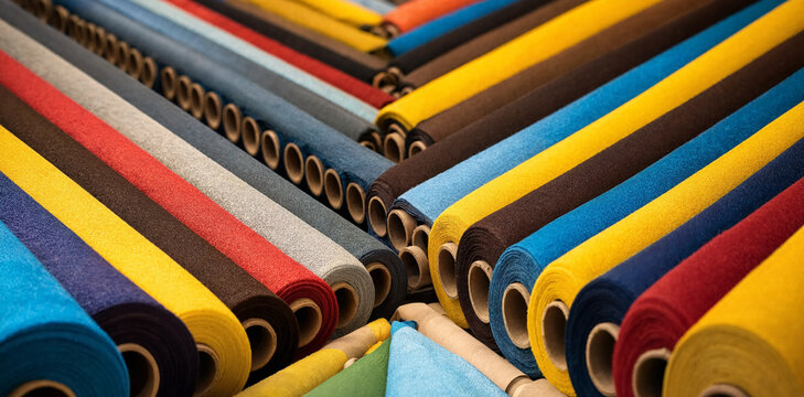 Brightly colored fabric rolls arranged in a display at a textiles warehouse with colorful material spectrum manufacturing inventory creative workshop polyester selection textiles