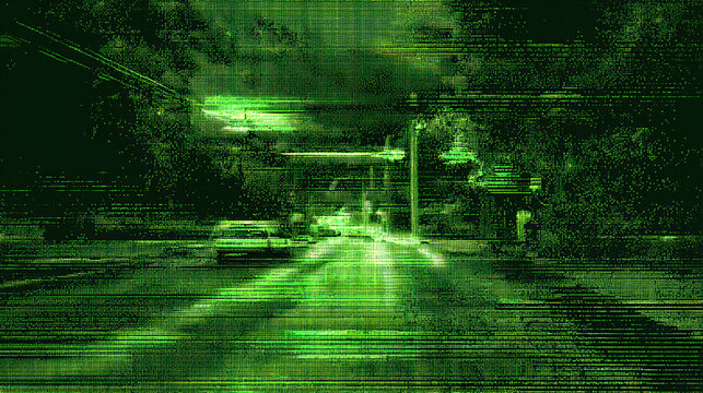 Night Vision Street Surveillance Military Green Urban Reconnaissance Tactical Security Dark Cinematic Dramatic