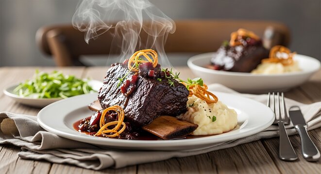 Gourmet braised short ribs with creamy mashed potatoes and crisp vegetables on white plate