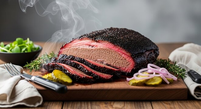 Sliced slow cooked beef brisket with smoke on wooden cutting board with fresh herbs and knife