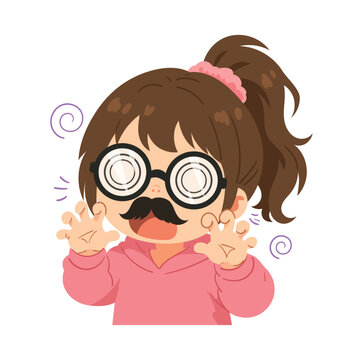 Playful little girl cartoon character pretending to hypnotize with oversized spiral glasses, fake mustache, raised hands. Kawaii flat vector illustration isolated on a white background.