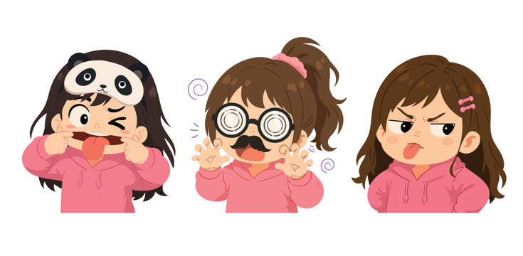 Three cute little girl cartoon characters showing playful and funny emotions, including a silly face, pretend hypnosis game, and cheeky expression. Kawaii flat vector illustration set isolated