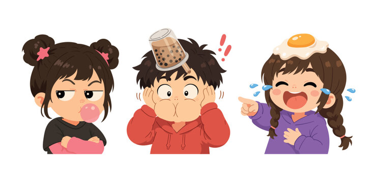 Three cute cartoon children showing funny and playful emotions, including blowing bubble gum, balancing a bubble tea cup, and laughing with a fried egg on the head. Kawaii flat vector illustration 