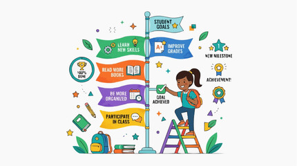 Naklejka premium Setting Goals for Success: A young girl stands on a ladder, reaching for a signpost adorned with flags representing various student goals, educational achievements, and academic milestones.