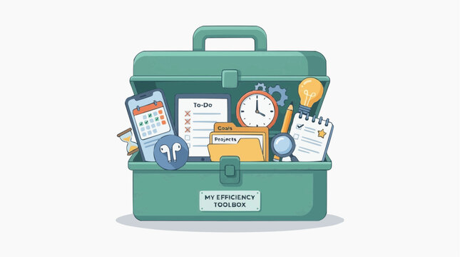 The Efficiency Toolbox: An open green toolbox overflowing with essential tools for productivity, including a smartphone with calendar, to-do list, earbuds, clock, folders, lightbulb.