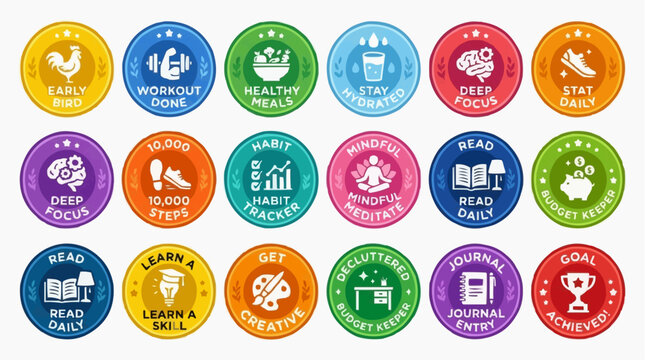 Habit Badges Collection: A vibrant collection of circular badges representing various positive daily habits, such as waking early, exercising, healthy eating, staying hydrated, and focusing.