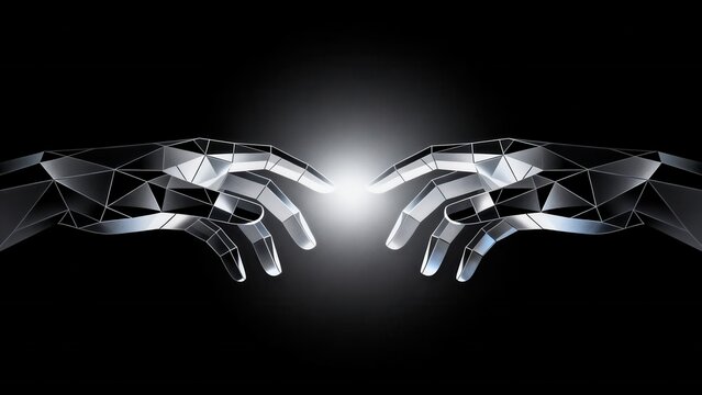 Two geometric hands reaching
