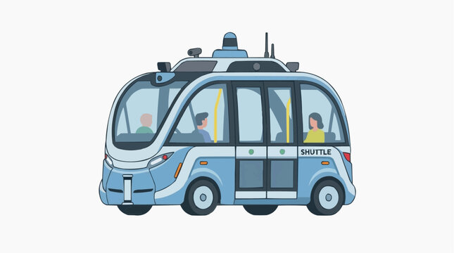Autonomous Shuttle Bus Illustration: A futuristic autonomous shuttle bus, equipped with advanced sensors and cameras, navigates a modern road, promising a new era of transportation.