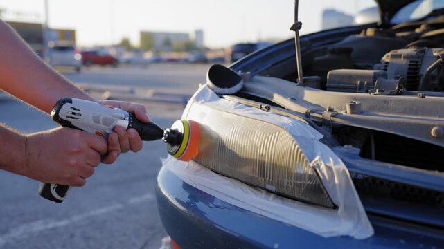 The process of polishing car headlights outdoors. 