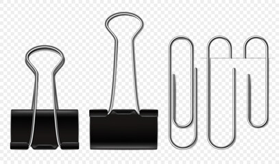 Obraz premium Binder clips and paper clip 3D realistic vector with black metal clamp and silver wire stationery supplies, isolated on transparent background for office document organization. Vector set