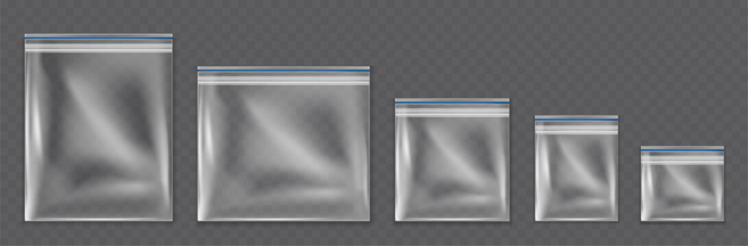 Transparent resealable plastic bags in assorted sizes, realistic zipper locking storage pouch mockups for food, freezer, travel, cosmetics and product packaging. Vector set.