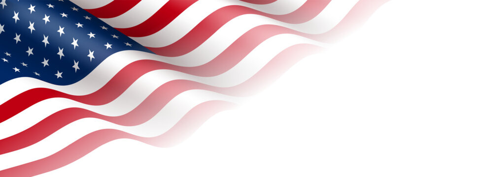 USA flag background with waving American banner, red white blue patriotic stripes and stars, realistic national symbol for Independence Day, election, veteran or Memorial poster. Vector illustration