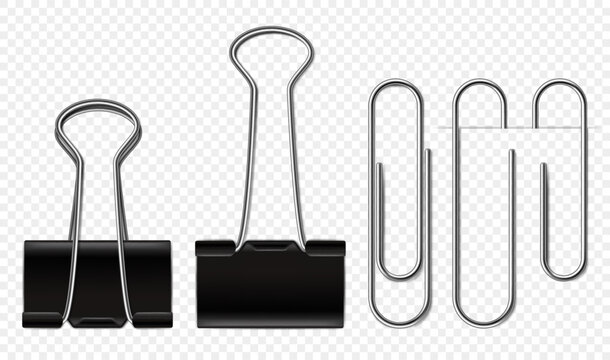Binder clips and paper clip 3D realistic vector with black metal clamp and silver wire stationery supplies, isolated on transparent background for office document organization. Vector set