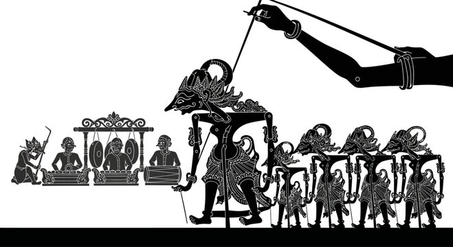 Traditional Indonesian Wayang Kulit Shadow Puppet Show with Gamelan Musicians.