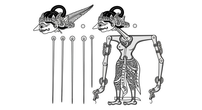 Traditional Indonesian Wayang Kulit Shadow Puppet Figures and Accessories.