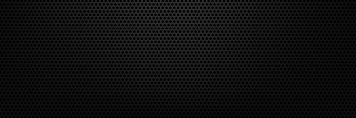 Naklejka premium Black perforated metal texture vector background with round hole mesh pattern, dark industrial speaker grille surface for technology, automotive and engineering design