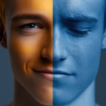 split face emotion portrait, happy and sad contrast, psychological concept