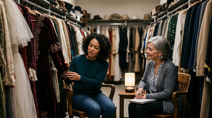 Obraz premium Two women chatting in clothing store in natural warm lighting for fashion business