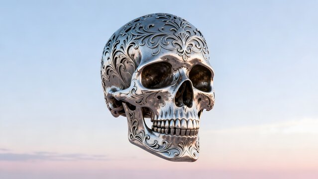 Decorated metallic skull against sky