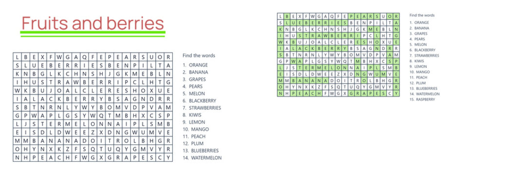 Word search puzzle with fruits and berries listed in grid format  