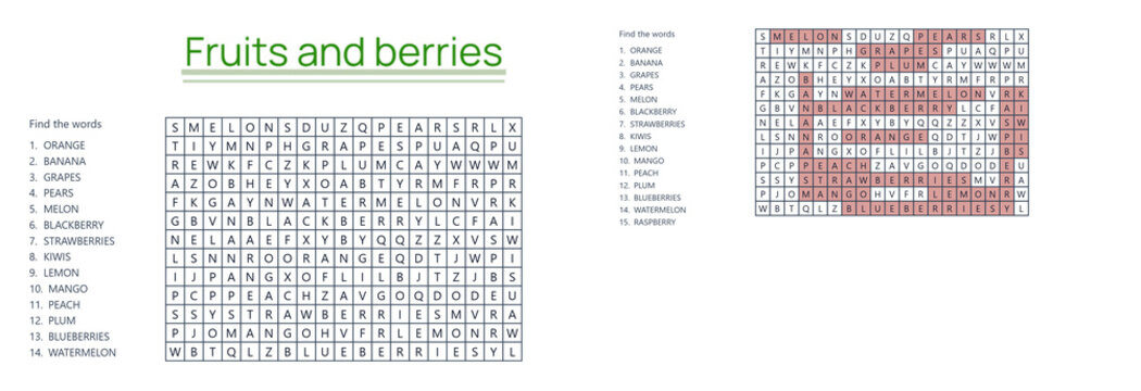 Fruits and berries word search puzzle with completed answers  