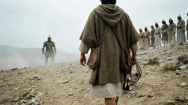 Young shepherd walking toward armored giant warrior on desert battlefield. Biblical scene of David approaching Goliath. Epic confrontation of historical hero.
