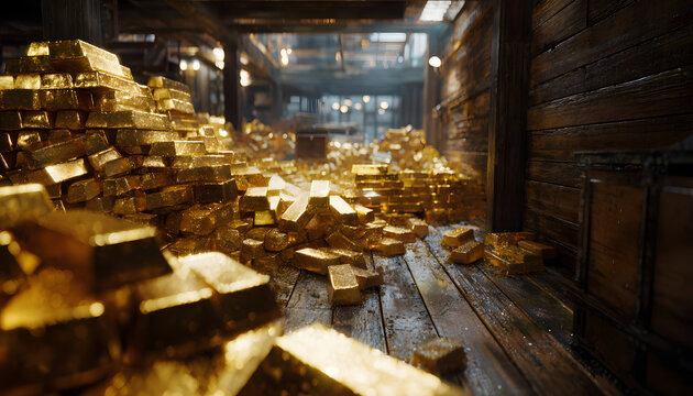 A bank vault that has been opened reveals a large amount of treasure. Stacks of shiny gold bars overflow onto the wooden floor and shine under warm interior lights, representing both immense wealth an