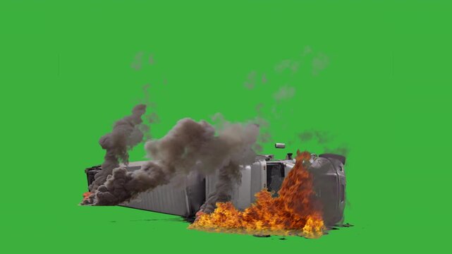 Crashed semi truck on fire green screen