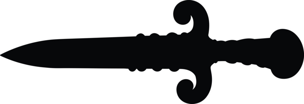 Ornate dagger silhouette illustration with decorative hilt and sharp blade design for historical and ceremonial vector artwork