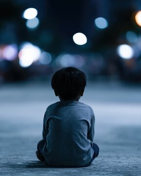 lonely child sitting on city street at night, social issue mood, cinematic
