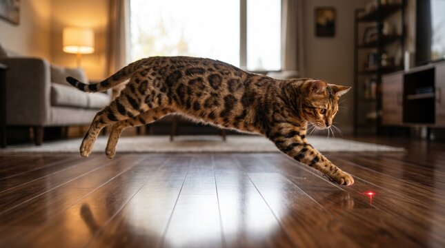 A spotted bengal cat leaping across a wooden floor to chase a red laser pointer dot