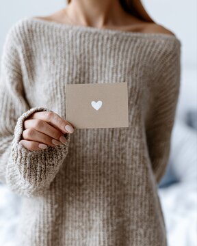 woman holding love yourself card in cozy bedroom setting, soft lifestyle scene