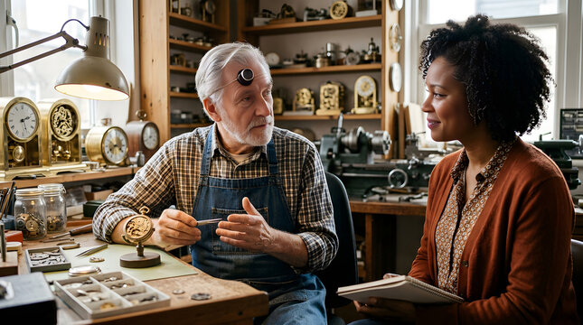 Older man and young woman discussing in a cluttered clockmakers workshop with warm natural lighting for business or educational purposes
