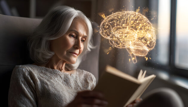 As an elderly woman reads a book, a glowing brain hologram reveals itself. Mental stimulation has benefits for active aging, cognitive health, memory improvement, and brain fitness.