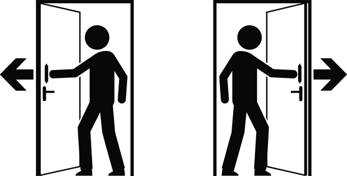 Push and pull door instruction icons, black stick figure vector illustration showing correct door operation directions for signage and public safety design