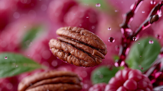 Pecan nut floating near fresh raspberries and green leaves  