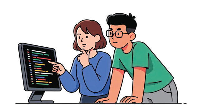 Two people looking at computer screen.