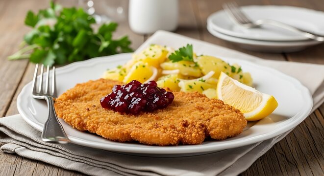 Traditional breaded schnitzel with lingonberry jam and fresh salad on wooden table