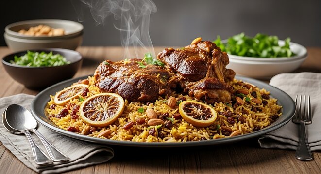 Traditional grilled lamb served on fragrant spiced rice with lemon garnish on wooden table