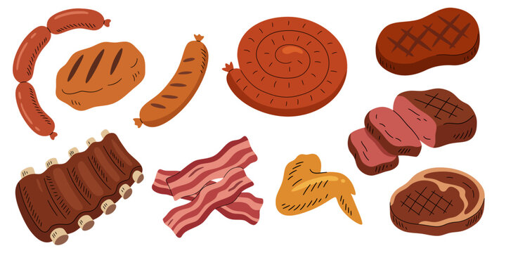 Vector hand drawn illustration set of various meat products and BBQ items isolated on white background