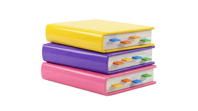 Vector illustration of stack of three colorful books with bookmarks on a transparent background