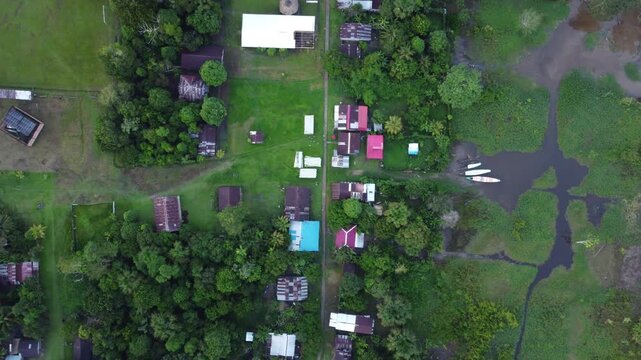 Santa clara de ojeal aerial top down view of amazonian village in punchana, peru