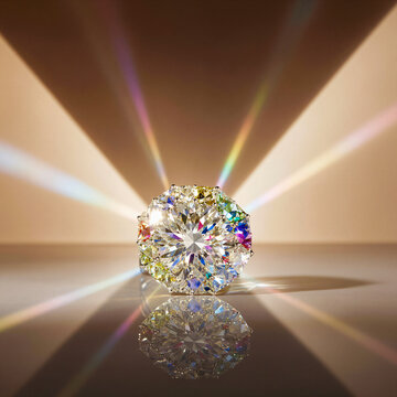 Symmetrischer Diamant mit strahlenf&ouml;rmigen Lichtreflexen und perfekter Spiegelung