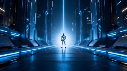 Fototapeta premium Futuristic corridor with humanoid figure