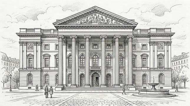 Vintage architectural sketch of grand classical building with columns and ornate details