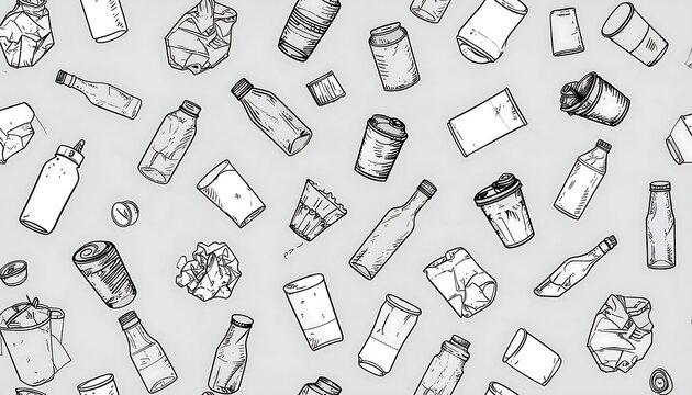Seamless pattern with hand drawn recycling trash and garbage.