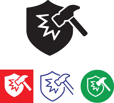 Shockproof and impact resistant shield icon with hammer strength protection.